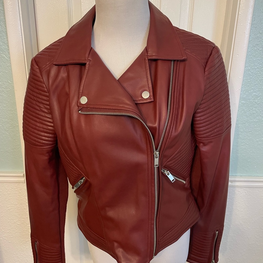bar III Womens Quilted Moto Jacket Red Asymmetrical Zipper Medium Faux Leather